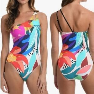 La Blanca Electric Shore Floral One Shoulder One Piece Swimsuit Sz.8